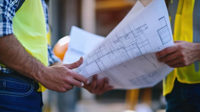 Foreman reviewing blueprints with a contractor at a busy site. Featuring collaboration and strategic planning