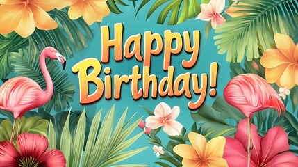Tropical happy birthday greeting with pink flamingo, colorful hibiscus and plumeria flowers, green palm leaves, and bold orange text on blue background