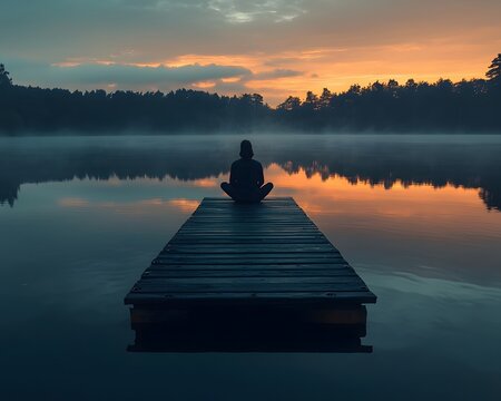 A lone figure contemplates the serene reflection on the water at dusk