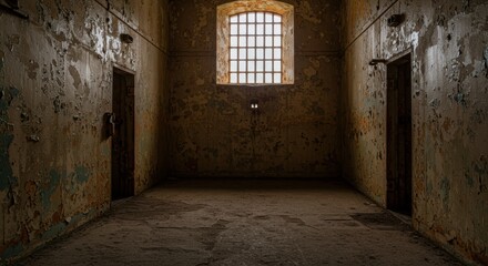 Obraz premium Abandoned prison corridor with rusty doors and cracked walls in dim light