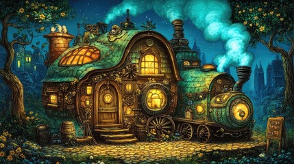 Fototapeta premium Enchanted train house nestled in a whimsical forest at night.
