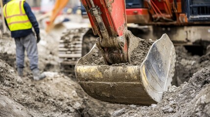 Heavy equipment operator maneuvering an excavator bucket at a construction site. Featuring expertise and control
