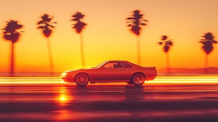 car driving on the beach with palm trees in the background Under the orange sunset
