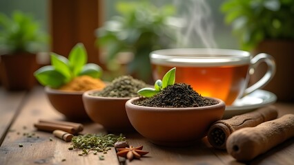 Aromatic Herbal Tea Selection with Cup and Natural Ingredients on Wooden Table