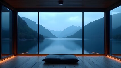 Fototapeta premium Lake and Mountain Vista from Modern Cabin Interior with Cushion and Wooden Floor