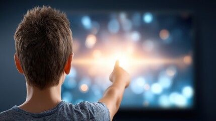 Summer Break Concept. Young Boy Pointing at Screen with Blurred Light Effects in Background