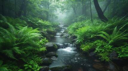 Obraz premium Lush misty forest stream