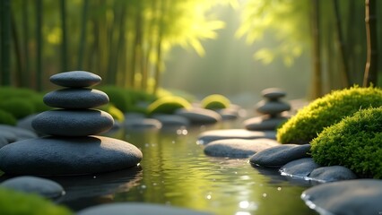 Balanced Rocks in a Zen Bamboo Garden with Water and Moss Landscape for Peaceful Meditation 