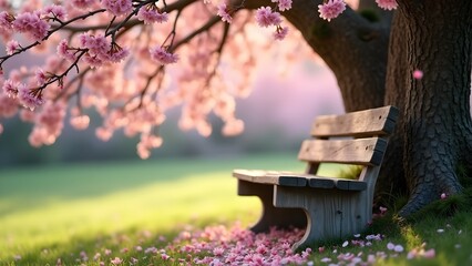 Naklejka premium Scenic Spring Park: Wooden Bench Under Blooming Cherry Tree with Fallen Blossoms