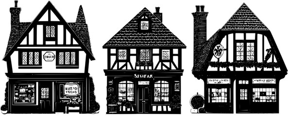 Naklejka premium 3 Pieces of Tudor style Workshops designs, Tudor style Workshops illustration art