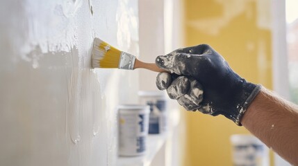 Painter applying finishing coats to a wall in a new office space. Featuring professionalism and detail