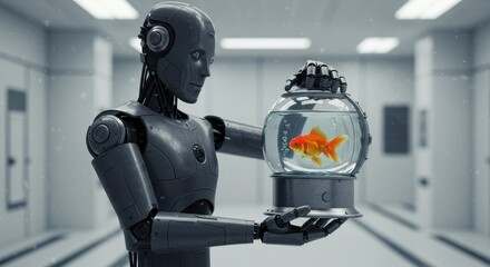 Fototapeta premium Futuristic robot holding fish bowl in modern laboratory setting