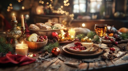 Cozy Holiday Feast with Traditional Treats and Festive Decorations