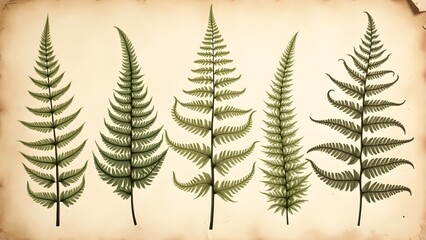 Naklejka premium Botanical Fern Illustrations: Vintage Style Prints on Textured Paper