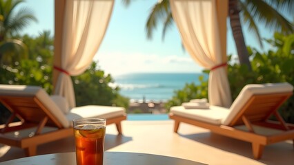 Obraz premium Refreshing tropical cocktail with scenic ocean view from luxurious resort with deck chairs on a sunny day
