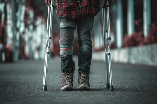 Injured Person with Crutches: A Somber Street Scene