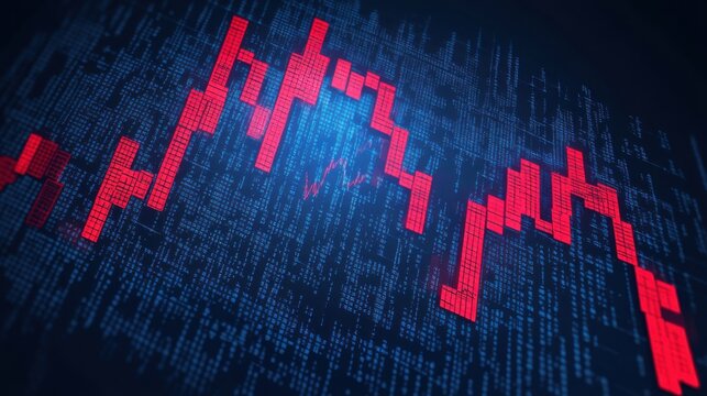 Dramatic downturn shown in a digital stock market crash with binary code background