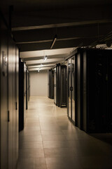 Naklejka premium Spacious server room corridor illuminated by overhead lighting, featuring rows of network racks. Environment is clean and well-organized, signifying advanced technological infrastructure