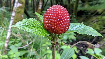 Obraz premium Vibrant thimbleberry stands out in the verdant forest undergrowth outdoors
