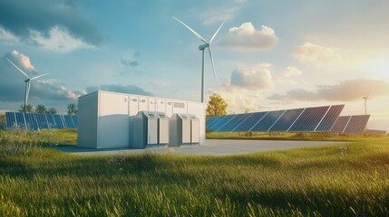 Concept of energy storage batteries system, wind power, wind turbines and Li-ion battery container, and solar panels in the background. Panoramic view with copy space.