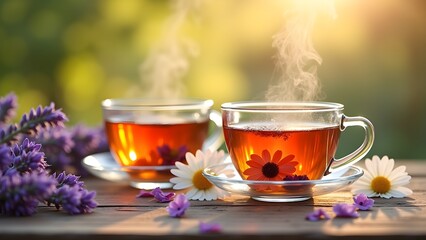 Two Cups of Hot Tea with Flowers and Lavender on a Sunny Wooden Table