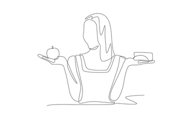 Woman holding fruit and a piece of cake. Balanced Nutrition concept one-line drawing
