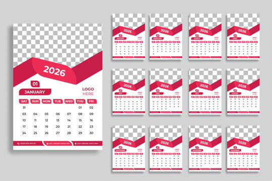 Set of 2026 Calendar Planner Template with Place for Photo and Company Logo. Vector layout of a  desk simple calendar.Calendar grid in pinki color for 