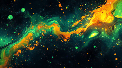 Vibrant acid-wave liquid background with psychedelic green and orange splashes, glowing neon highlights, and surreal trippy effects. Perfect for creative projects