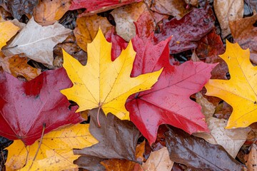A forest floor covered in a thick carpet of colorful autumn leaves, creating a rich tapestry of reds, oranges, and yellows
