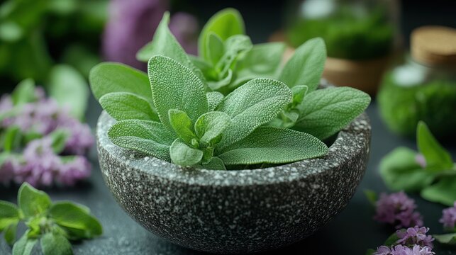 Fresh green herbs in rustic bowl