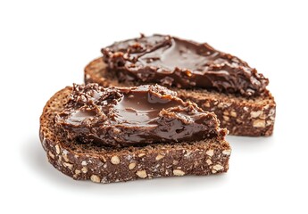 Smooth spread of chocolate cream on a bread slice, isolated on a white background