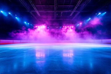 Empty ice rink illuminated with blue and purple lights smoky atmosphere