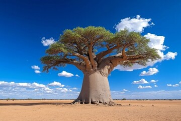 Obraz premium A giant baobab tree trunk, its thick, bulbous shape towering in the African landscape