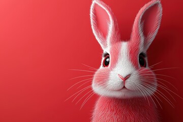 Obraz premium Portrait of a rabbit with a vibrant red background showcasing artistic simplicity