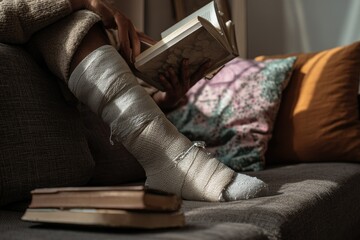 Obraz premium Leg in Cast Reads Book: Serene Sunlight, Cozy Home