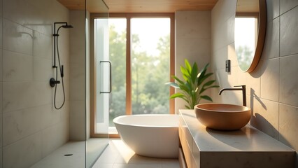 Fototapeta premium Bright, Modern Bathroom Interior with Natural Light and Minimalist Design Featuring Wooden Accents and a Plant