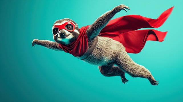 Sloth dressed as a superhero, flying with a red mask and cape against a turquoise background in a dynamic pose, resembling a comic book hero