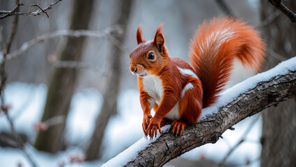 Curious red squirrel alert on tree branch in winter