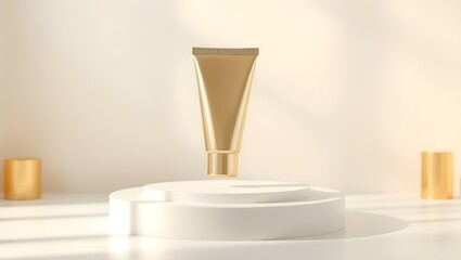 Metallic cosmetic tube floating on white podium presentation with soft lighting and blurred background for branding