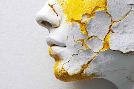 Profile of a cracked, textured face, painted white and yellow, creating an abstract and artistic effect, showcasing vulnerability and resilience