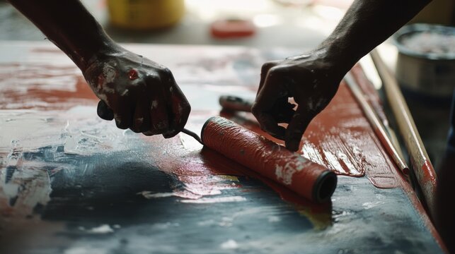 Painter applying the final coat of paint at a job site. Featuring meticulousness and care