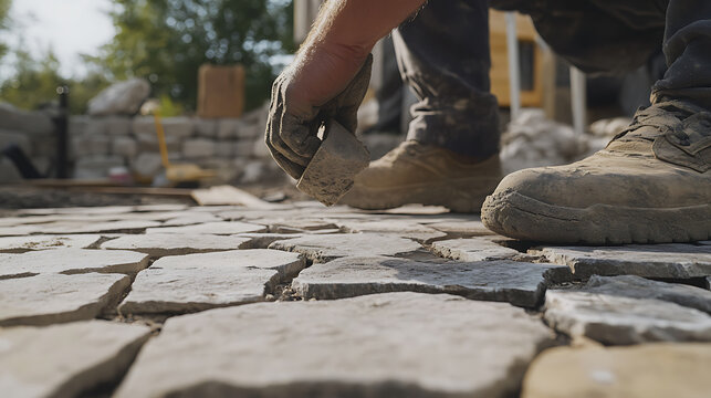 Mason creating decorative stonework for outdoor patio. Featuring stonework for patio