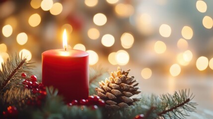 Cozy Red Candle Surrounded by Pine Cones and Holiday Cheer