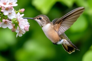 Fototapeta premium A hummingbird feeding from a flower hanging off a branch, its wings a blur