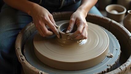 Fototapeta premium Hands shaping clay on a potter's wheel to form a ceramic pot in the pottery workshop with skill