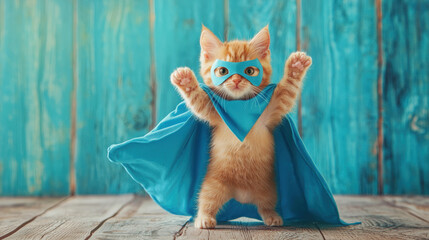 Cute orange kitten dressed as a superhero stands on hind legs with blue cape and mask raised in a dynamic pose against a turquoise wooden background