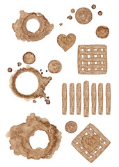 Abstract isolated shapes: circles, lines, dots and brush splatter. Coffee watercolor. Hand drawn. Great design for any purpose