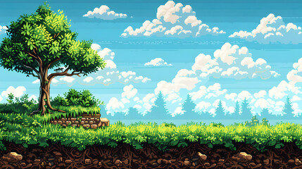 Green Tree on Hill with Blue Sky and Clouds Pixel Art Landscape in Outdoors