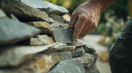 Mason cutting stones for a decorative garden wall. Featuring stone cutting