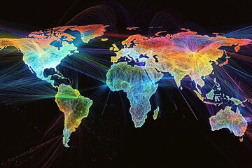Global Connections A vibrant world map showing interconnectedness through glowing lines